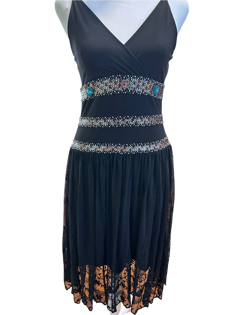 Y2K Ariella Black Beaded Lace Midi Dress Size M Fairy Goth Whimsy cocktail dress